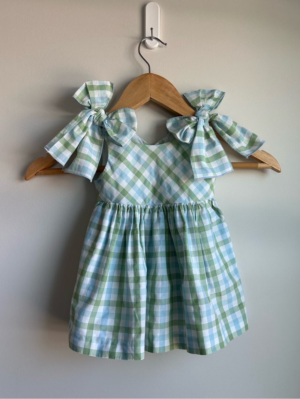 Baby Green and White Gingham Tie-Shoulder Cotton Dress 6-9M